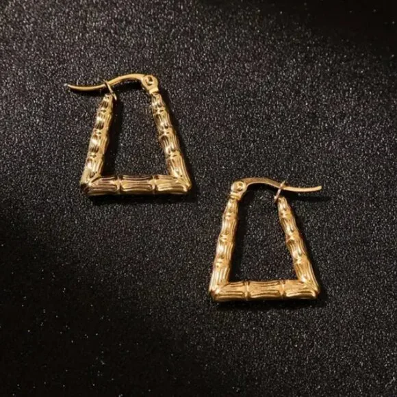 14K Gold Womens Bamboo Hoop Earrings Ladies 14 Karat Hinged Back Hoops Jewelry